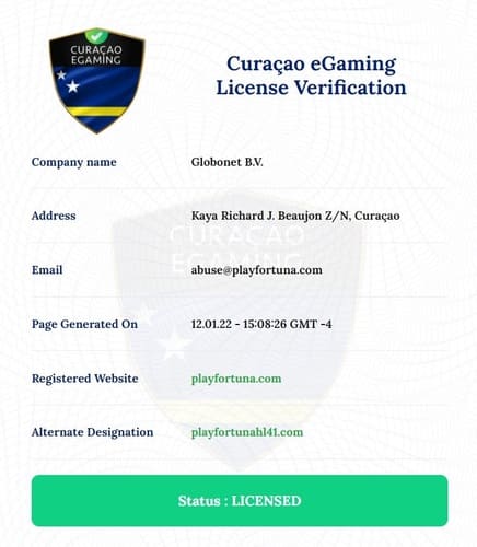 сертификат лицензии Curacao зеркала Плей Фортуна